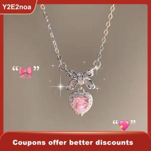 【Y2E2noa】 Zircon Bowknot Heart Pendant Necklaces Pink Heart Ladies Girls Fashion Elegant Clavicle Chain For Women Jewelry