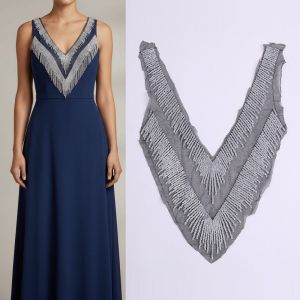 LUXURYLYN Black Mesh Lace Embroidery Sequin Patch Handmade Flower Patch V Collar Design Mesh Lace Appliques Clothing Decoration Accessories Silver Sequins Dress Decoration Appliques Wedding Gown Decoration