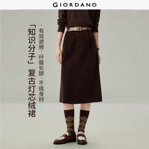 Giordano Women 100% cotton corduroy pleated midi skirt Free Shipping 05466673
