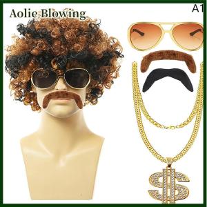 Aolie 1 Set Mens Black Short Curly Synthetic Cosplay Wig Brown 70s 80s Disco Mustache Chain Halloween Costume Party Wig