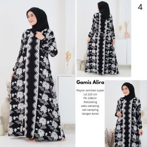 (COD) GAMIS ALIRA HITAM PUTIH BUNGA GARIS BATIK CAP