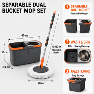 Keycool Dual Bucket Spin Mop Set with Detachable Buckets Hands-Free Wringer Wet & Dry Floor Cleaning Mop for Home Kitchen Bathroom