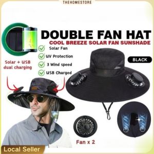 【CAMPTURE】2 Kipas Topi/Removable Solar Charging Dual Fan Hat Wide Brim Summer Outdoor UV Sun Hat Hiking Fishing Hat/风扇帽子