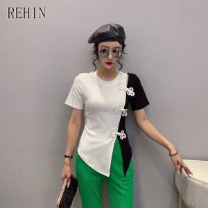 REHIN Womens top Summer new hollow short-sleeved T-shirt irregular Plate buckle open fork design S-3XL retro blouse