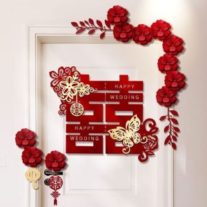 NEXTYOO Artificial Flowers Wedding Door Decorations Chinese Red Flower Garland Wedding Door Hanging Decorative Door Trim Chinese Wedding Decorations Bridal Room Decor