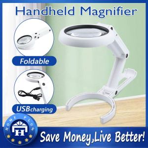 【Local delivery】 LED Folding Light Magnifier for Book Newspaper Reading Portable Table Standing Handheld Foldable Loupe Desktop Magnifying Glass Handle-Stand-Magnifier