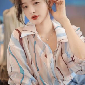 Women Shirt Abstract Print Fashion Simple Casual Loose Striped Korean Style Summer Shirt 0032