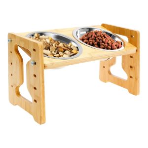 Wooden Elevated Dog Cat Feeder Stand Adjustable Raised Double Stainless Steel Bowls 15 ° Tilt Anti SlipFood Water Bowl2026
