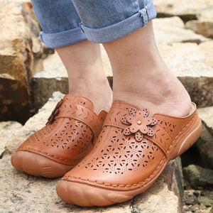 [Free Shipping] Summer Plus-Size Half-Slipper Sandals With Hollow Embroidery Thick Soles And A Wedge Heel Featuring A Closed-Toe Design