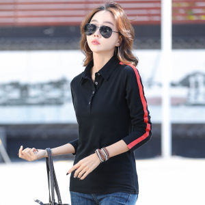 2022 Fashion black Long sleeve Polo shirt for women cotton Korean style womens blouse Slim hit color Polo tee ol workwear lapel T-shirt casual all-match solid color Button-down ladies clothes