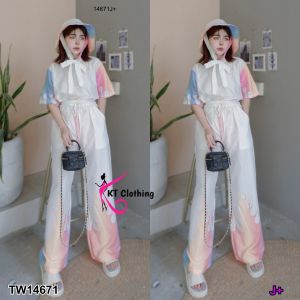 P14671 Set 3 ชิ้น เสื้อแขนสั้นกุ้นคอ+กางเกงขายาว+หมวก ลายไฟรุ้ง