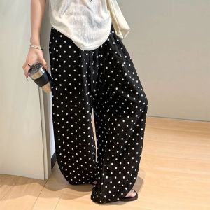 WomenS Breathable Linen Polka Dot Banana Pants Summer Casual Trousers Elastic Waist Drawstring Wide-Leg Pants