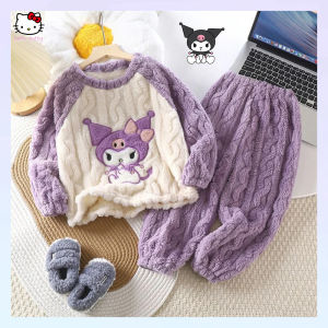 Kuromi Cinnamoroll Autumn Winter Flannel Pajamas Cartoon Sanrioed Korean Style Warm Thickened Pajama Set for Childrens Homewear