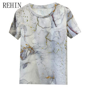 REHIN European style summer new ffloral print cotton round neck short-sleeved T-shirt bottoming Slim fit elegant womens tops