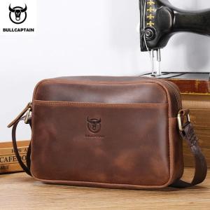BULLCAPTAIN Mens Genuine Leather Shoulder Bag Retro Large Capacity Travel Bag Crazy Horse Leather High Quality Crossbody Bag2026