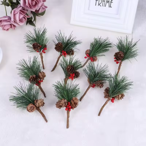 10pcs Pine Needle Mini Christmas Tree Accessories Gift Box Decor Artificial Flower Xmas Decorative Ornament Desktop Red Berry