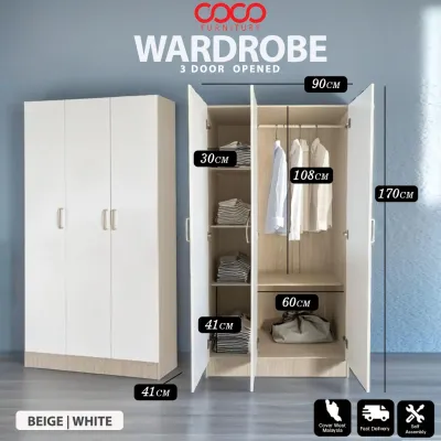 COCO 3 Door wardrobe / 2 Door Wardrobe / affordable Wardrobe Cabinet / Wooden 2-door wardrobe / Space-Saving Wardrobe / Solid wood wardrobe / Storage Cabinet / ready Stock