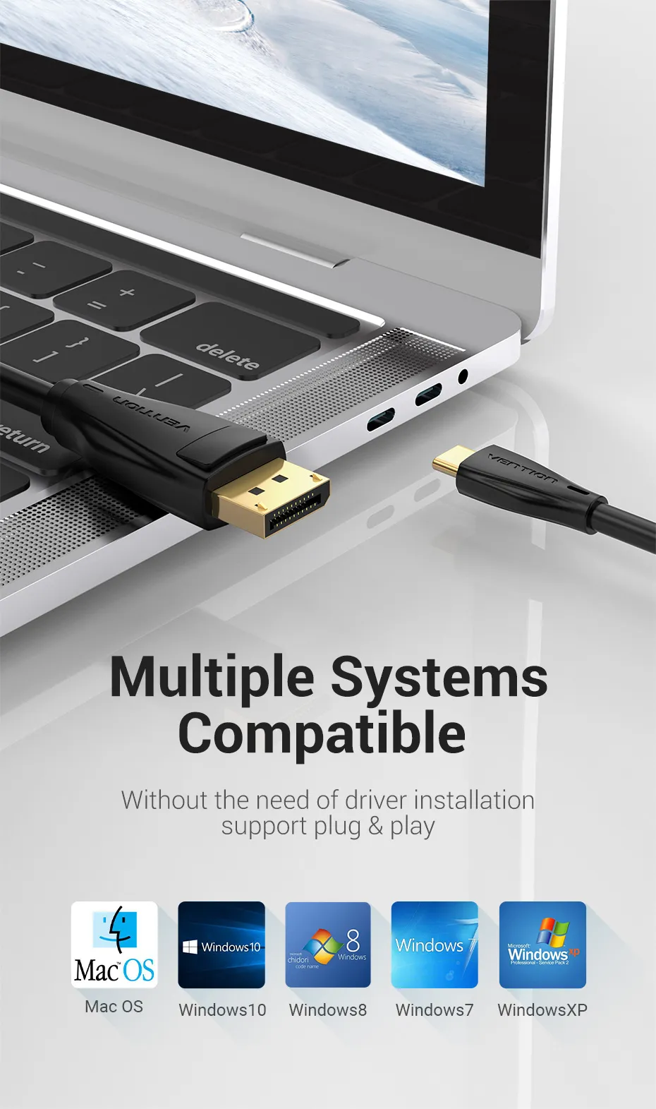 Cáp dữ liệu và xuất hình ảnh Type-C sang DisplayPort Vention vỏ nhựa ABS cao cấp