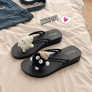 [Free Shipping] New Black Cat Thick-Soled Flip-Flops Height-Increasing Wedge Heel Non-Slip Slippers Fashionable Cartoon Cute Versatile Beach Slippers
