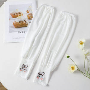SERENEGLOW Cute Slanted Ears Rabbit Ice Silk Summer Sun Protection Arm Sleeves for Women Breathable and Loose Fit with Cartoon Embroidery