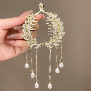 Diamond-Studded Pearl Tassel Hair Clip Bud Clip High Ponytail Buckle Bud Hair Claw For Bun Hairstyles Women Girl Hair Accessories (Gold)