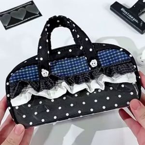 Mở Lớn Nhiều Ngăn Túi Đựng Bút Chì Có Tay Cầm Chấm Bi Ren Ruffle Thời Trang Dung Tích Lớn Trường Văn Phòng Phẩm Tổ Chức Hộp Đựng Bút Quà Tặng Cho Bé Gái