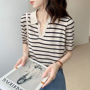 CORE Striped Short-sleeved T-shirt Womens Summer Loose All-match V-neck Top