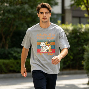 Cartoon Stray Cats Striped Block Print T Shirt Men Support Local Street Cats Short Text Minimal Animal Rescue Casual Streetwear