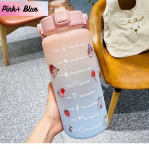 2000ml Botol Air Viral Tik Tok 2L Water Bottle With Straw Food Grade Plastic Portable Tumbler Gym Outdoor Travel Botol Air Besar Office School 网红渐变色水瓶运动水杯办公室水瓶