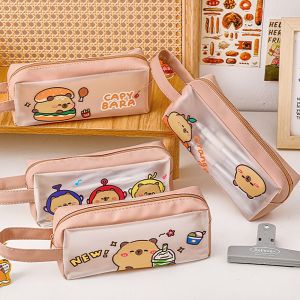 JUTBONG PU Leather Pen Bag Capybara Portable Pencil Case Multi Functional Waterproof Stationery Organizer Students