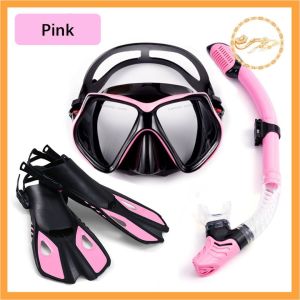 Professional Wide View Diving Mask Set with Anti-Fog Goggles Snorkel and Long Fins -  Water Sports Snorkeling Gear
