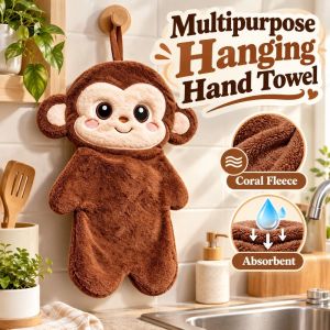 MUNCHX Hình con khỉ Khăn lau tay treo tường Khả năng thấm hút Đã được làm dày Khăn tay hoạt hình Khô nhanh Khăn bông san hô Nhà bếp