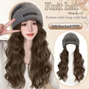 NOER Warm Beanie Hat With Wig Casual Attached Wig Wig Knitted Cap Autumn Winter Long Wavy Hair Hair Wig Winter Hats Women