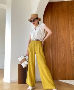 Alisa.Sonya High Waist Wide Leg Long Palazzo Korean New Style Straight Cut Loose  Washed Linen Pants for Women