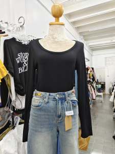 (MK11) เสื้อยืดแขนยาวคอยูเนื้อผ้าเด้งยืดร่องทรงสวยอก32-40