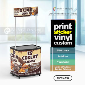 CETAK STIKER MEJA BOTH ES COKLAT MEJA JUALAN EVENT DESK FREE REQUEST DESAIN