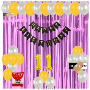 PAKET SET DEKORASI ULANG TAHUN / BANNER HAPPY BIRTHDAY HITAM BALON PUTIH MIX TIRAI PINK MUDA