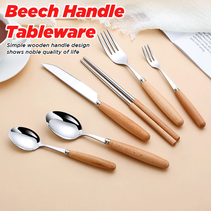 Stainless Steel Tableware Native Beech Handle Western Food Knife Fork ...