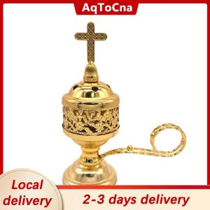 [COD] AqToCna Ship within 24 hours Vintage Metal Cross Incense Burner Indoor Sandalwood Burner Hollow Charcoal Incense Burner Ornament Home Church Decoration