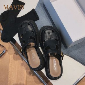 Woven leather hollow toe wedge slippers for womens summer new vintage 4cm high slippers