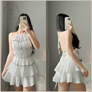 Alice Coords Halter Neck Backless Lettuce Top and Palda Short | Skort | Self Tie Back Coquette Blouse | Bark Crepe Fabric | Trendy Coords | New Design | 2025 by Threads and Curves