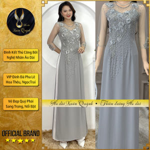Áo Dài Dạ Hội Đính Kết Hoa Thêu Thủ Công M03 Ghi - Áo Dài Xuân Quỳnh