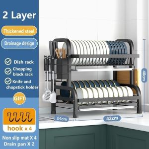Happihaus 2/3 Tier Rak Pinggan Dish Rack Stainless Steel Dish Drainer Rak Dish Plate Drying Storage Rack