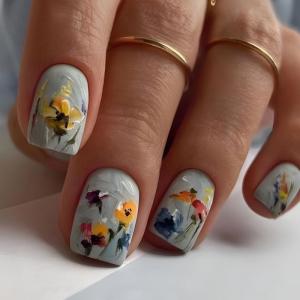 24 Pcs Reusable Full Cover Stick on Nail Short Square False Nail 3D Flowers Press On Nail Spring Artificial Nail