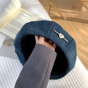 ARTMU Phong cách Hàn Quốc Mũ nồi trái tim tình yêu Y2K Màu trơn Mũ denim hình bát giác Hoài cổ Tất cả phù hợp Mũ họa sĩ Cô Gái