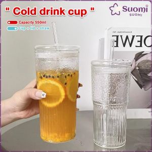 Suomi 550ml Creative Glass Water Cup with Straw and Lid Juice Milk Tea Coffee Cold Drink Mug