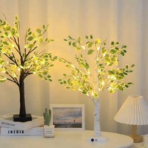 Purrhappy Birch Tree LED Table Lamp Warm White Light Bendable Branches Green Leaves Home Decor