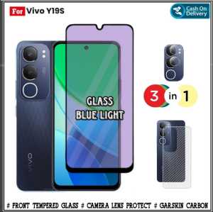 Paket 3in1 Tempered Glass Vivo Y19s 4G Y28 4G NFC Y17s Y27 4G Y02 NEW Anti 10D Blue Light Full Layar + Camera + Garskin