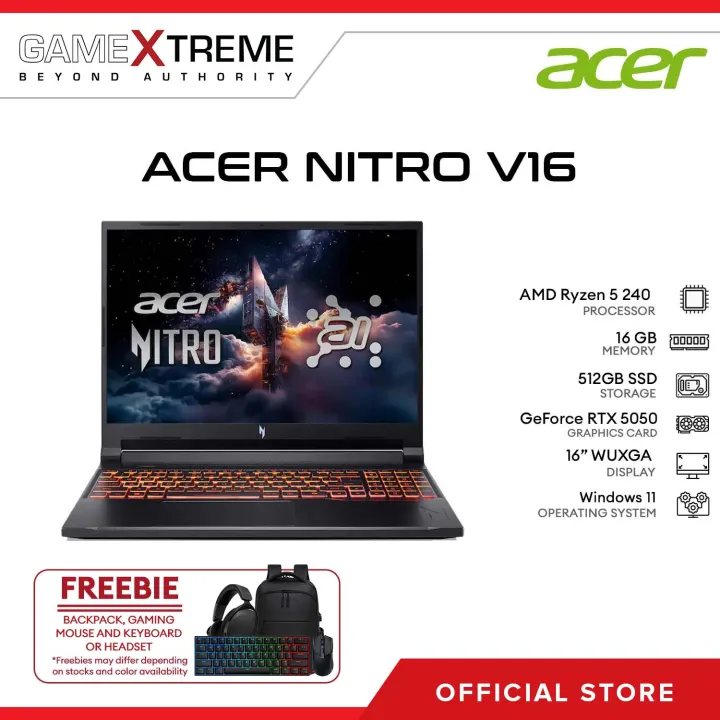 Acer Nitro V16 AI WUXGA 16" 180Hz IPS Gaming Laptop AMD 5-240 16GB RAM / 512GB SSD RTX 5050 Graphics Black