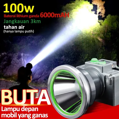 COD Headlamp Senter Kepala LED 3000m Senter Luby 100 Watt 6000mah Rechargeable Cahaya Putih Waterproof Bisa Dimmer Kapasitas Besar Pencahayaan Luar Ruangan Memancing Kepala Lampu